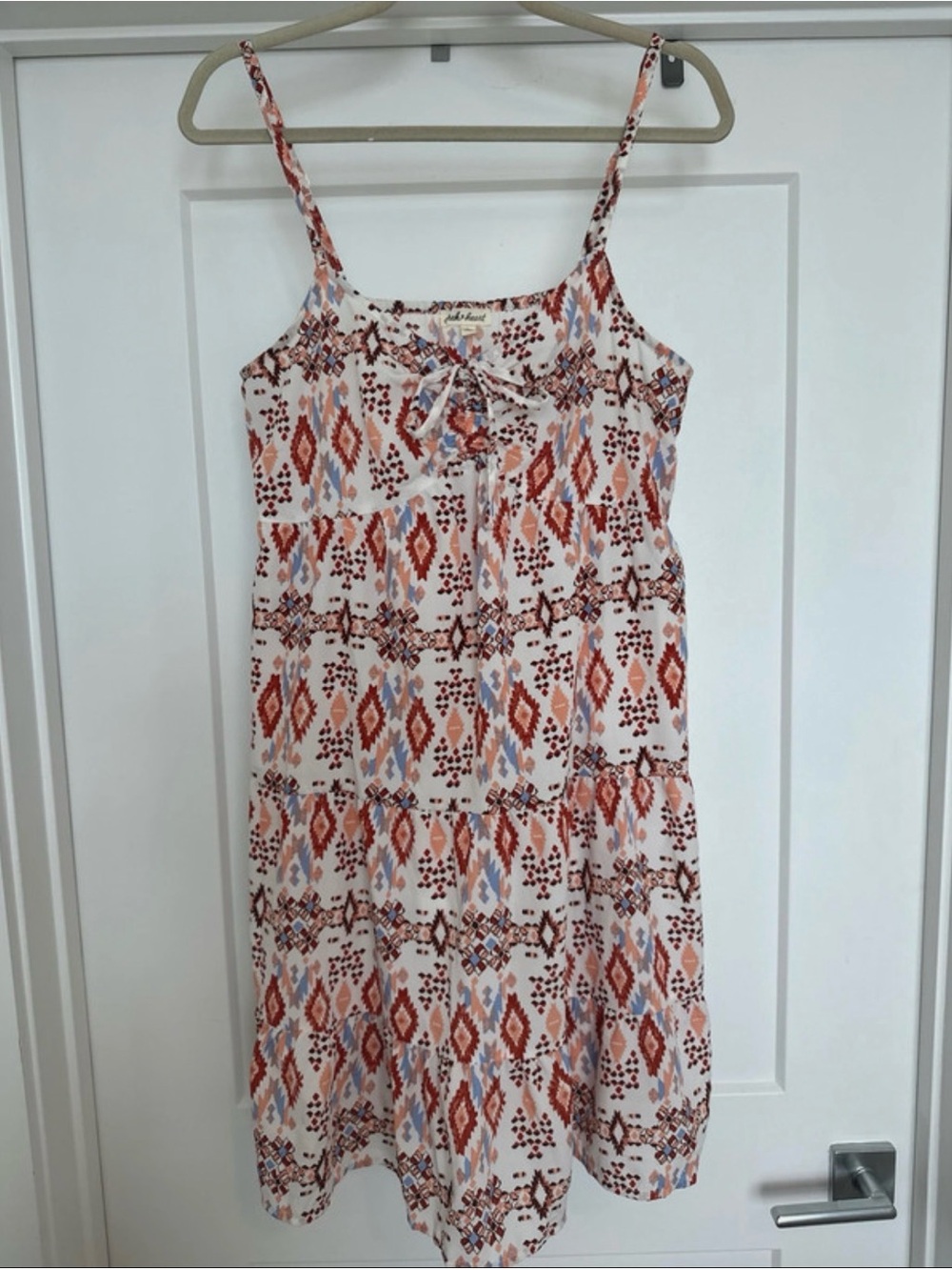 Western Boho Tiered Spaghetti-Strap Dress in Cream and Rust